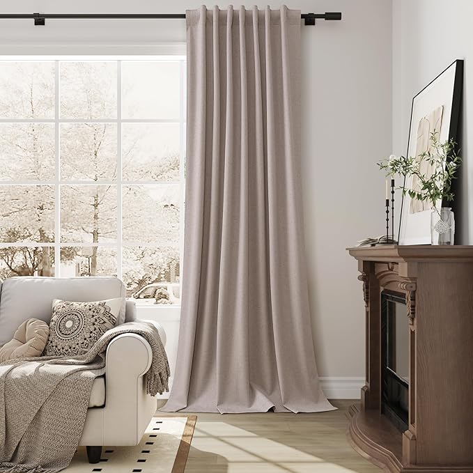 Guken Taupe Black Out Linen Look Curtains for Bedroom 120 Inch Long 2 Panels Set Back Tab Linen Textured Room Darkening Thermal Insulated Soundproof Room Decor Greige Beige 52x120 10Ft