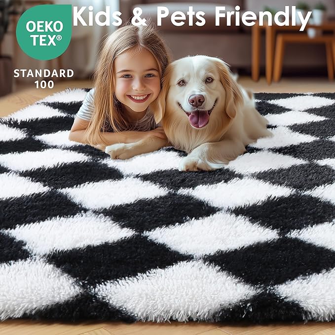 KICMOR Area Rugs for Bedroom Living Room, Black and White 4x6 Fluffy Soft Checkered Bedside Rug Fuzzy Shag Shaggy Carpet, Indoor Plush Rugs for Kids Boys Girls Teen Dorm Nursery Home Decor Aesthetic