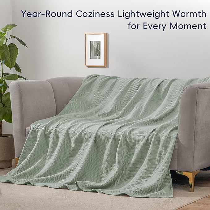 PHF 100% Cotton Muslin Blanket King Size 108"x90", 4-Layer Lightweight Gauze Throw, Breathable Cloud-Soft Minimalist Blanket for Bed, Couch, Camping & Baby, Sage Green, Ideal Gift