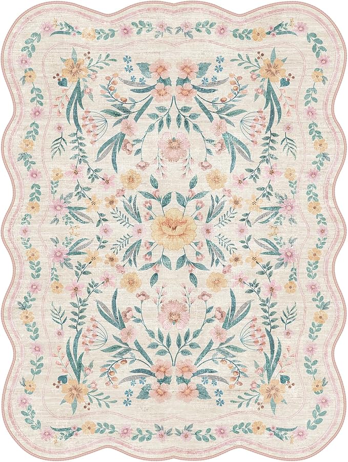 Pink Floral Rug 4X6 for Girls Bedroom or Nursery, Scalloped Cottagecore Washable Non-Slip Area Rug, Cute Soft Boho Carpet for Kids Room, Dorm, or Playroom