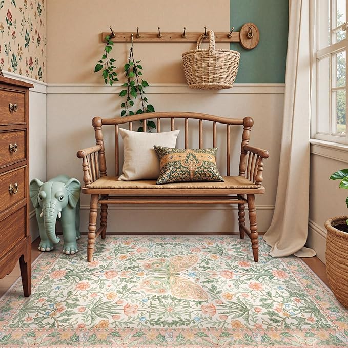 Collive Pink 5x7 Butterfly Area Rug, Vintage Floral Rug for Girls Bedroom Washable Non Slip, Soft Ultra Thin Boho Insect Carpet for Living Room Nursery Kids Room Playroom
