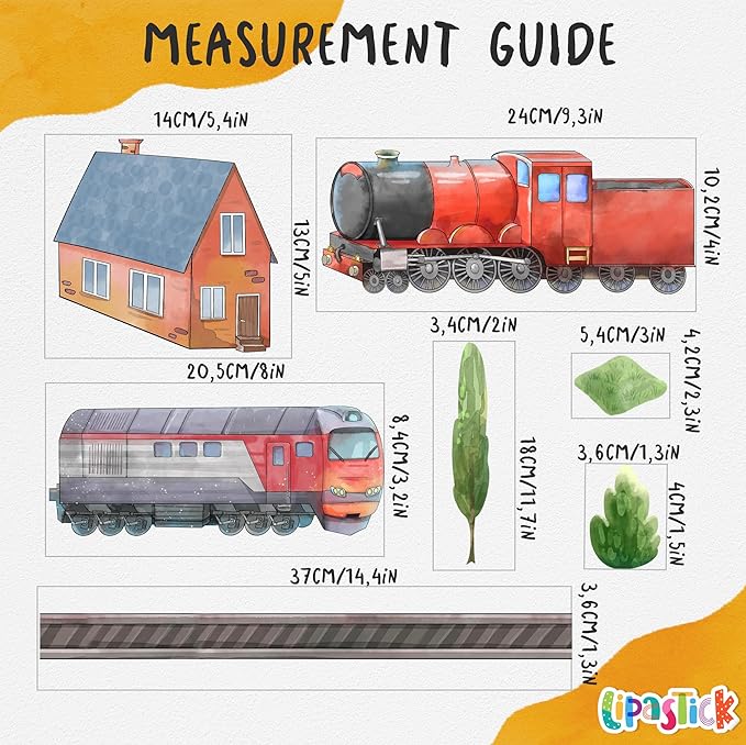 Train Wall Decals for Kids by Lipastick - Educational Railroad Wall Stickers for Boys and Girls - Peel and Stick Locomotive, Carriage, Wagon Wall Decals for Nursery, Playroom, Bedroom Decor -L Size