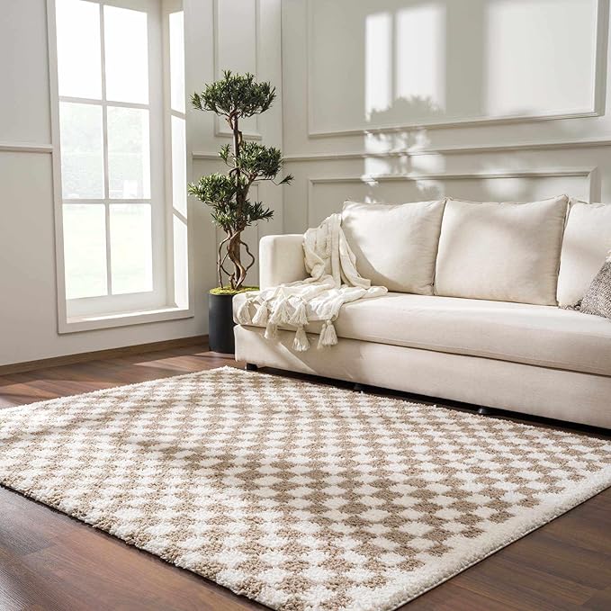 BoutiqueRugs Kieu Modern Checkered Shag Runner Rug - High Pile Fluffy Shag Carpet for Hallway, Nursery, Playroom, Girls Boys Room - Light Gray, Taupe, Cloud Gray - 2'7" x 7'3" (2x8)