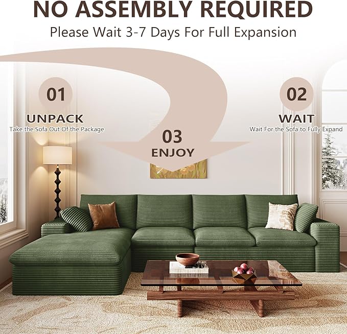 136 Inch Cloud Sectional Couch, Modern Modular Sectional Sofa with Deep Seat, Corduroy Boneless Couches with L-Shape Chaise for Living Room Bedroom, No Assembly Required (Green, Left Facing Chaise)