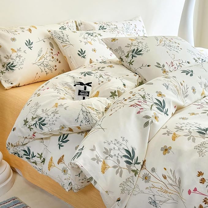 HighBuy Floral Duvet Cover Queen Boho Cozy Cotton Aesthetic Coquette Bedding Set Queen Yellow Flower Botanical French Style Comforter Cover with Zipper Soft Lightweight Duvet Cover Set for Queen Bed