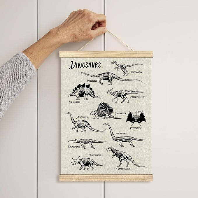 BCUANGD Dinosaur Dino Skeleton Wall Decor - Baby Toddler Boys Room Wall Art Poster Hanger with Wood Frames, Inspirational Wall Hanging Canvas Decor for Kids Room Playroom Nursery Bedroom, 12x16 Inches