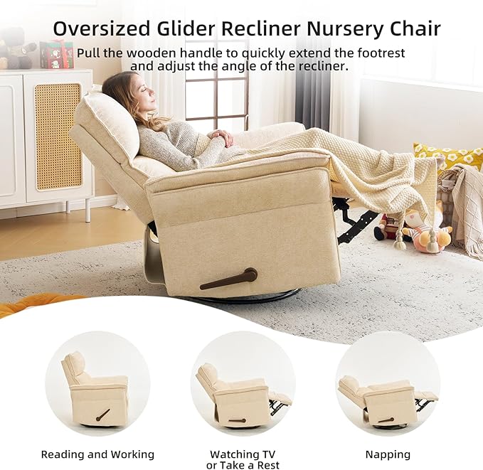 Oversized Recliner Chair, 26" Extra Wide 360° Swivel Rocker Recliner with Adjustable Headrest, Chenille Glider Rocking Nursery Chair with Overstuffed Armrest, Lumbar Support, Beige