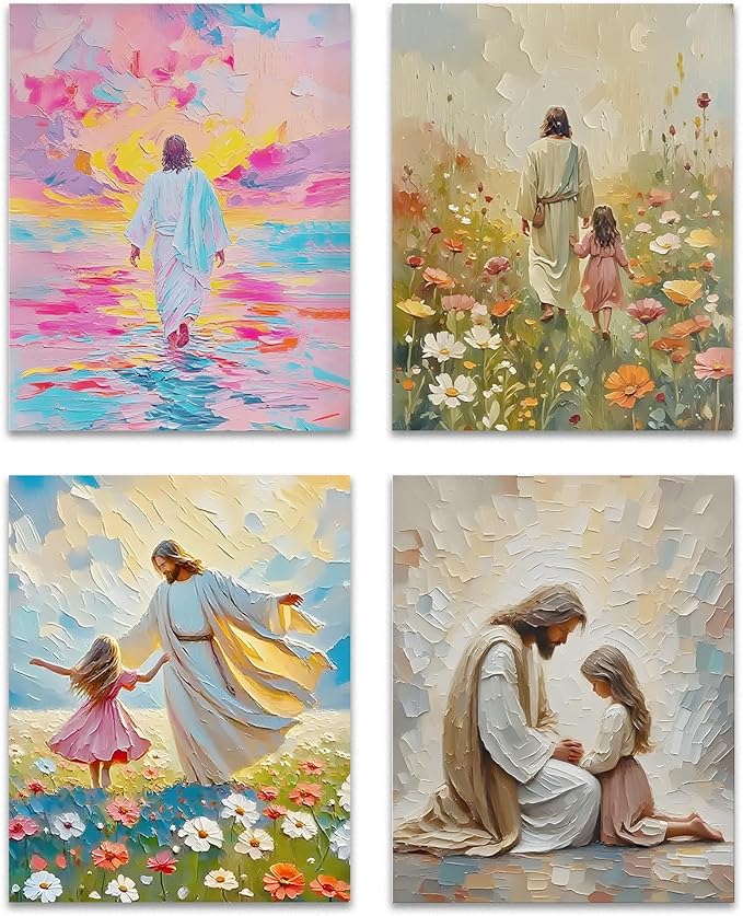 OFJE Christian Jesus with Girl Wall Art Decor Prints Set of 4, Jesus Walking on Water Religious Wall Art Posters Decor for Girls Bedroom Home Living Prayer Room, 8x10 Unframed