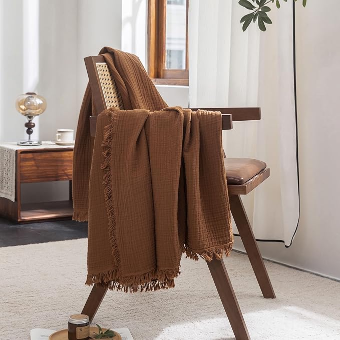 FOSSA Muslin Blanket with Fringe - 4-Layer 100% Cotton Gauze Super Soft & Breathable Throw -Lightweight Decorative Cooling Blanket for Bed, Sofa, Office -Twin XL Size 66" × 90" (Dark Orange)