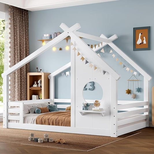 SOFTSEA Full Size House Bed Frame with Roof, Kids Floor House Bed with Window and Storage Shelf for Boys Girls, Wood Montessori Bed with Roof and Guardrails, White