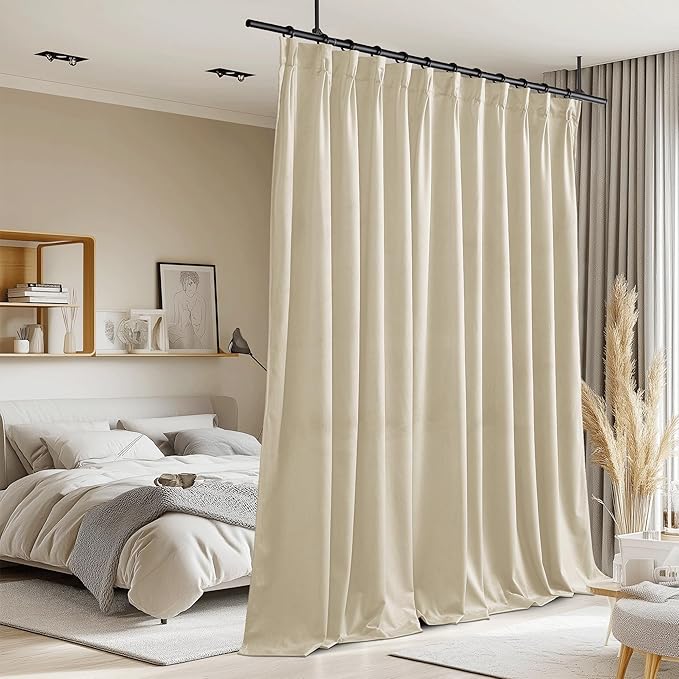 StangH Extra Wide Beige Velvet Curtains 84 inches Long, Pinch Pleated Thermal Insulated Sliding Door Drapes Light Blocking Privacy Room Divider for Living Room Office, W72 x L84, 1 Panel