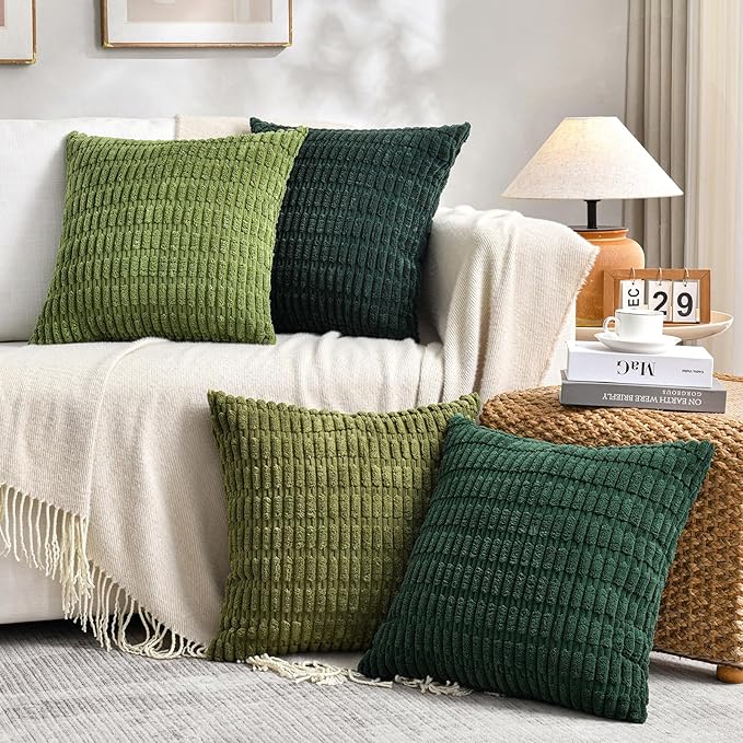 Fancy Homi 2 Packs Boho Moss Green Decorative Throw Pillow Covers 16x16 Inch for Couch Bed Sofa, Rustic Modern Farmhouse Home Decor, Soft Plush Corduroy Cute Square Cushion Case 40x40 cm