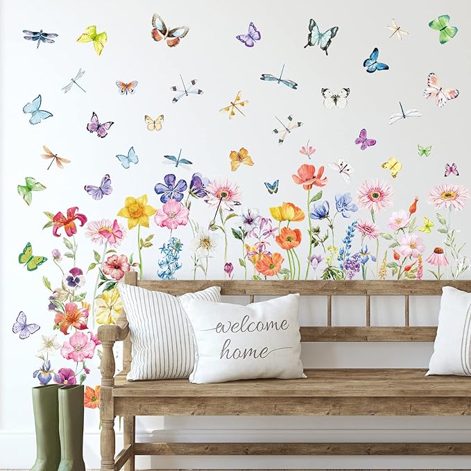 Zonon 6 Pcs Flowers Wall Decals Stickers Vinyl Removable Peel and Stick Colorful Dragonflies Floral Wall Murals Decor for Bedroom Living Room Nursery(Modern)