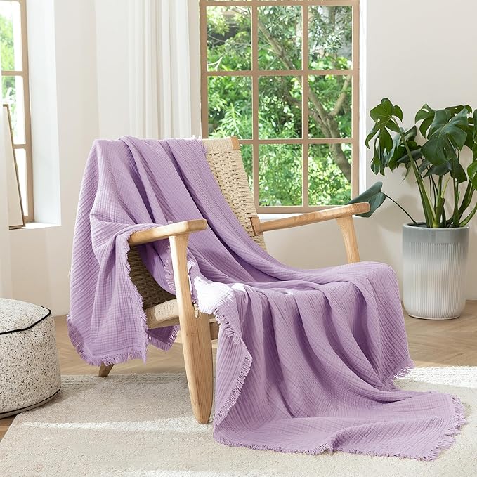 MooMee Muslin Blanket - 100% Cotton 4-Layer Gauze Throw Blanket with Tassels Ultra-Soft Breathable Lightweight Cooling for Bed Couch (Light Purple,Oversize Queen 98" x 98")