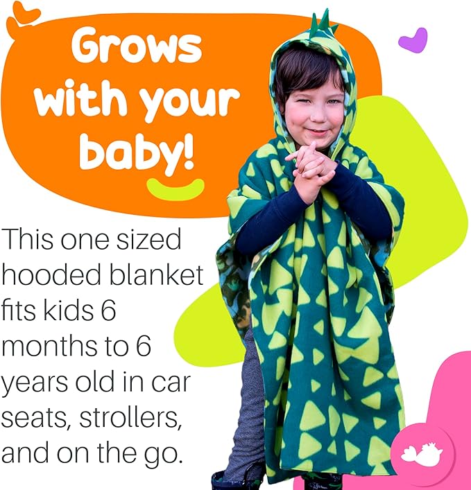 Birdy Boutique Car Seat Poncho for Kids – Safe to Use Over Seat Belts – Reversible Warm and Cozy Blanket – Easy on Easy Off and Doesn’t Impact Car Seat Performance – Green Dinosaur – One Size