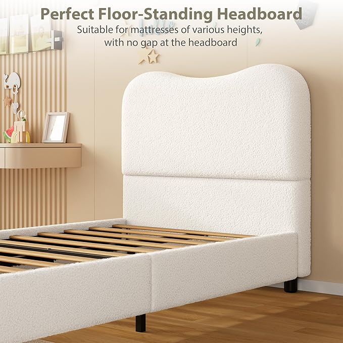 Senfot White Twin Kids Bed Frame with Upholstered Headboard, Low Profile Sturdy Platform Bed with Soft Boucle Fabric for Girls and Boys, Heavy Duty, Wooden Slats, Noise Free, No Box Spring Needed