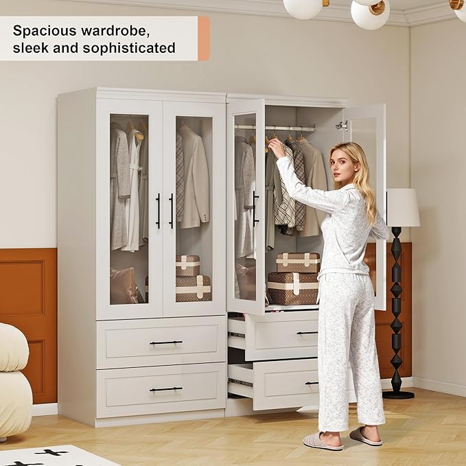 Armoire Wardrobe Closet with Glass Door: White 4 Glass Door Wood Wardrobe Closet with 4 Drawer Wooden Bedroom Armoire with Hanging Rods for Home/Bedroom/Living Room