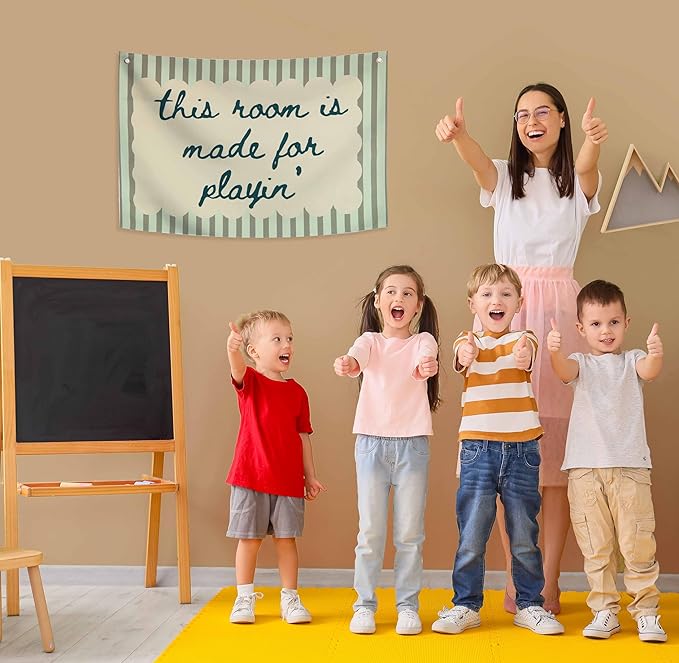 Playroom Rectangular Canvas Banner Wall Decor-Flag Poster Wall Decor for Baby Boy Girl Kids Teen,Playroom Nursery Homeschool Bedroom Home-Baby Shower Birthday Christmas-This Room Is Made for Playing