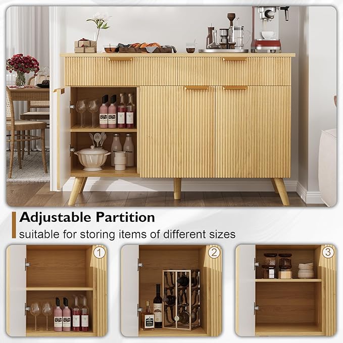 47" Buffet Cabinet with Storage, Natural Wood Fluted Sideboard with Drawers 3 Doors & Adjustable Shelves, Modern Accent Storage Cabinet Console Table for Living Room, Hallway, Entryway