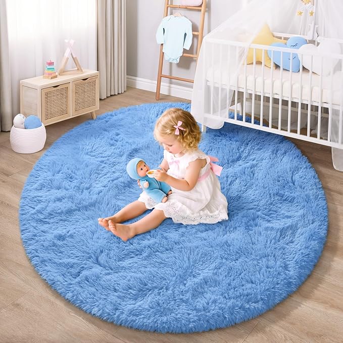 EVOIONOS Cobalt Blue‌ Round Rug for Bedroom, 4x4 Ft Fluffy Soft Circle Area Rugs for Living Room, Plush Shaggy Circular Indoor Floor Bedside Kids Nursery Carpet, Machine-Washable Home Decor Aesthetic