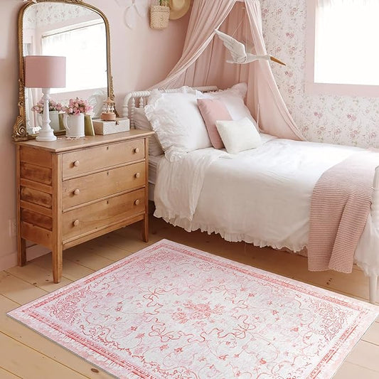 Pink Small Area Rug 3x5 for Entryway - Aesthetic Bow Washable Vanity Floral Mini Throw Rug for Bedside Girls Bedroom Classroom Kitchen Entry Way Front Door Indoor Entrance Inside House Bathroom