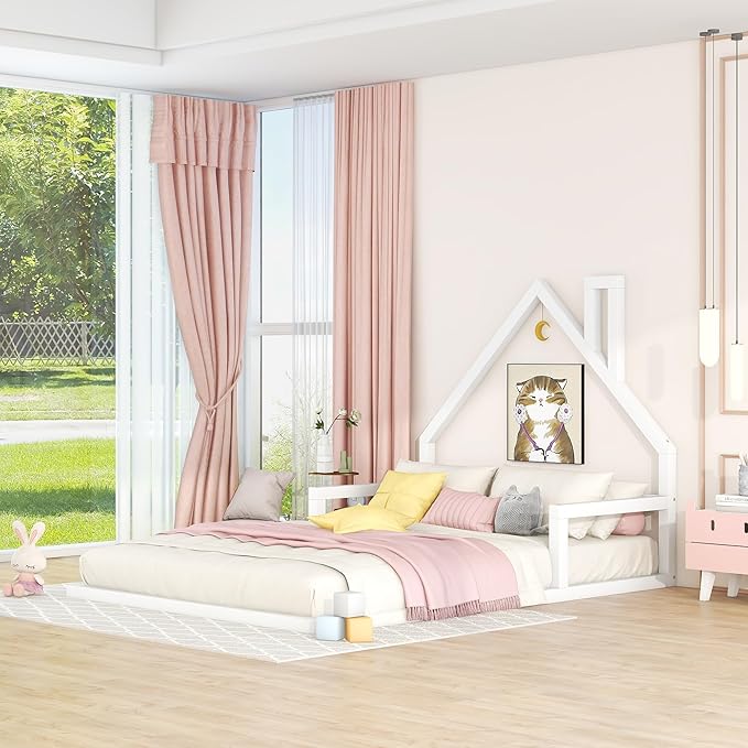 Harper & Bright Designs Full Size Floor House Bed, Montessori Floor Bed for Kids, Solid Wood Low Bed Frame for Bedroom, Playroom, Wooden Slats Support, White
