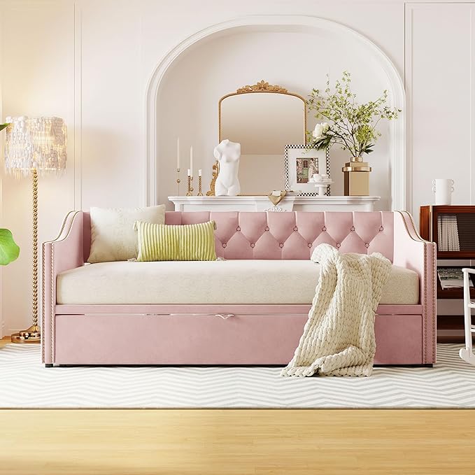 Merax Twin Size Upholstered Velvet Daybed with Pop Up Trundle, Multi-Functional Sofa Bed with Backrest and Two Armrest for Kids Room, Guest Room, Living Room, Pink