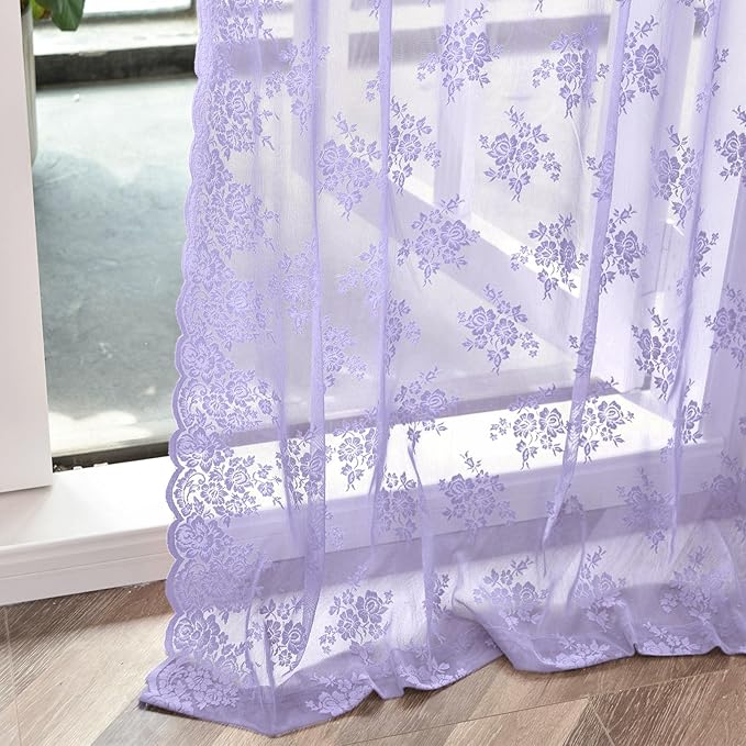 Kotile Light Purple Sheer Curtains 84 Inches Long, 2 Panels, W42 x L84 Inch Each, Country Rustic Floral Vintage Lace Curtains for Living Room, Rod Pocket Privacy Light Filtering Lacy Window Curtain