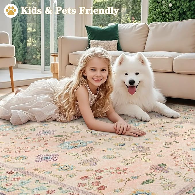 6x9 Rugs for Living Room, Pink Washable Floral Area Rug for Bedroom, Soft Non Slip Indoor Low Pile Carpet for Kitchen Dining Room, Large Boho Throw Carpets for Nursery Office Dorm Playroom Home Decor