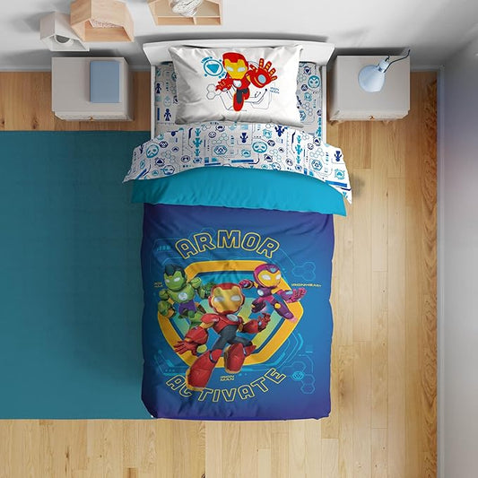 Sunny Side Up Kids Comforter Set Includes Sheets and Pillow Covers - Soft and Cozy Bed Set for Stylish Room Decor, Blue - Iron Man and His Awesome Friends, 4 Piece Toddler Bed Frame Size Bedding