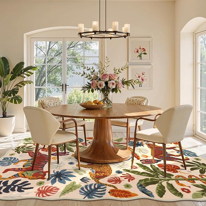 LEEVAN 5x7 Animal Area Rugs Washable Beige Tiger Living Room Rugs Non Slip Scalloped Tiger Bedroom Rug Low Pile Leopard Nursery Floor Carpet Jungle Leaf Print Kids Rug