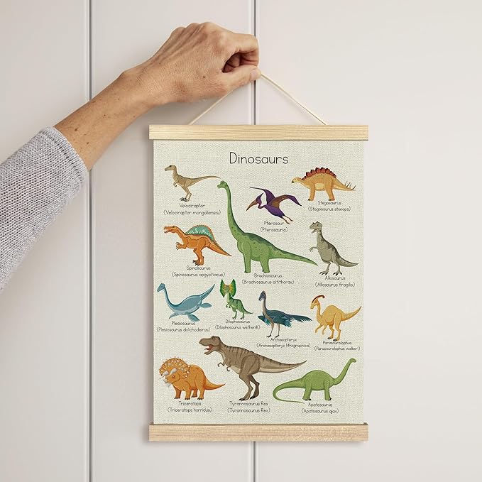 BCUANGD Dinosaur Dino Wall Decor - Toddler Boys Room Wall Art Poster Hanger with Wood Frames, Inspirational Wall Hanging Canvas Decor for Kids Baby Room Nursery Bedroom, 16x24 Inches