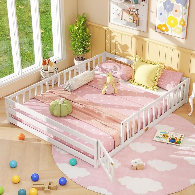 Giantex Queen Floor Bed with Door & Fence, Kids Wood Montessori Beds with Safety Guardrails, Floor Bed Twin for Kids, Boys, Girls, No Box Spring Needed, White