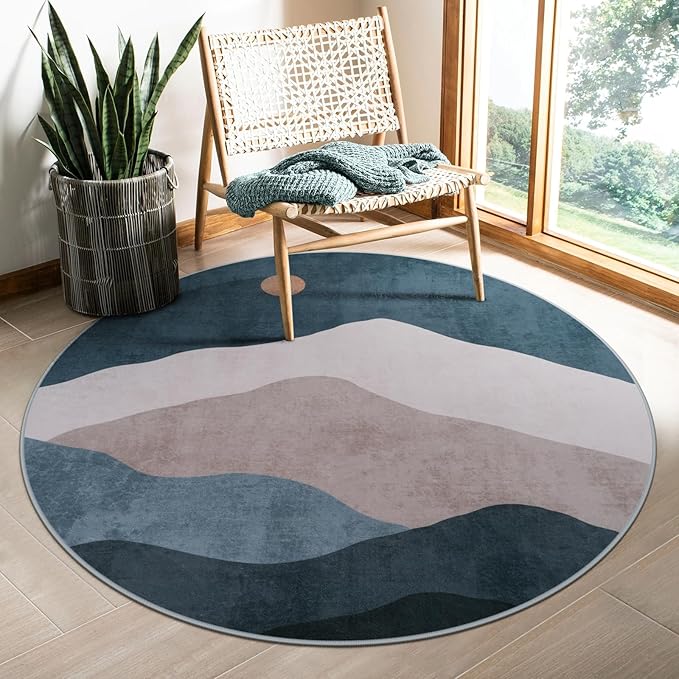 4ft Abstract Round Area Rug,Chic Faux Wool Washable Non-Slip Sun and Mountain Circle Rug,Soft Ultra-Thin Throw Rugs for Living Room/Bedroom/Office/Entryway/Kitchen(Blue)