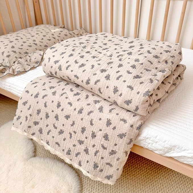 BuLuTu Vintage Orchid Flower Print Toddler Blanket Quilt with Chic Lace Edges, Soft Breathable Cotton Muslin Crib Blanket Toddler Bed Blankets Lightweight Kids Comforter, 47x59 Inches