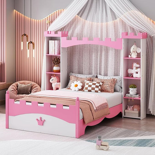 Castle-Shaped Wooden Platform Bed with Storage Shelf, Dreamy Twin Size Kids Platform Bed for Girls Boys Bedroom, Sturdy Slats Support (White+Pink Castle)