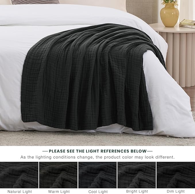 Love's cabin 6 Layer 100% Cotton Muslin Blanket, 50"x60" Throw Muslin Blanket for Couch Bed, Lightweight and Breathable Cotton Gauze for Adult, Black