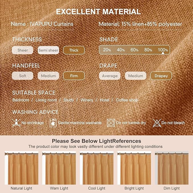 IVAPUPU Linen Pinch Pleated 100% Blackout Curtains for Bedroom - 2 Pages Black Out Gold Curtains 95 Inch Long 2 Panel for Living Room Darkening Thermal Window Curtain Drapes with 16pc Hooks