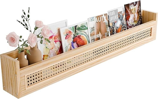 Wood and Rattan Wall Shelf - 36'' Nursery Floating Shelves for Storage, U-Shape Natural Pine Wood Wicker Shelf | Boho Decorative Shelves for Neutral Nursery Decor, Living Room, Bedroom