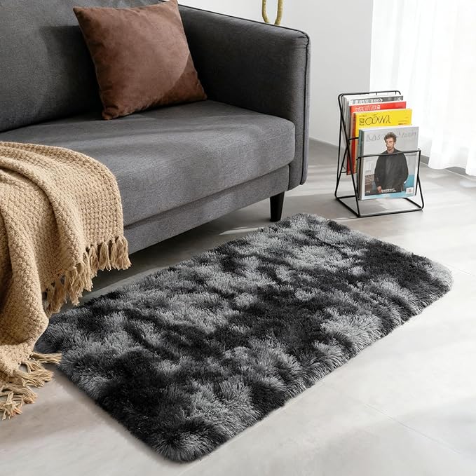 Merelax Soft Area Rugs for Livingroom Bedroom, Shaggy Plush Fuzzy Fluffy Carpet Furry Fur Rug, Modern Indoor Comfy Nursery Kids Dorm Home Decor Floor Mat, 2 x 4 ft, Tie-Dyed Black & Grey