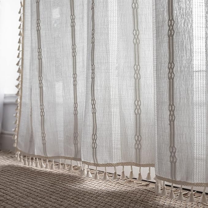 Deeprove Boho Curtain 84 Inches Long, Cotton Linen Nordic Scandinavian Style White Stripes Embroidery Shabby Chic Hollow Geometric, Semi Blackout Window Vintage Drape Tassels, 1 Panel W52 x L84