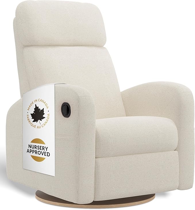 Jaymar Hailey Modern Nursery Glider Recliner Chair (Manual) – Cozy Nursing Chair with 360° Swivel for New Parents, High Back & Low Armrests, Adjustable headrest, Canadian Made (Henequen Ivory)