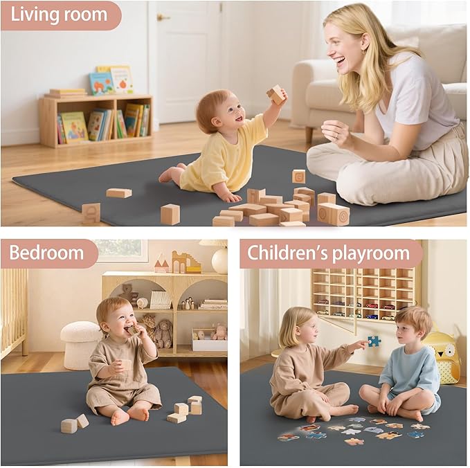 PapaMama Ultra Soft Baby Play Mat for Floor, 1.3" Thick Memory Foam 50x50 Playpen Mat with Non-Slip Backing, Coral Velvet Child Nursery Rug, Tummy Time & Crawling & Yoga Mat for Infant, Toddlers, Kids