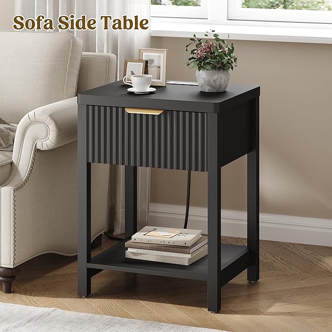 Lulive Modern Black Night Stand, Fluted Nightstand with Charging Station, Wood Modern Bedside End Table with Storage Drawer for Bedroom, Save Space (Set of 1, Black)