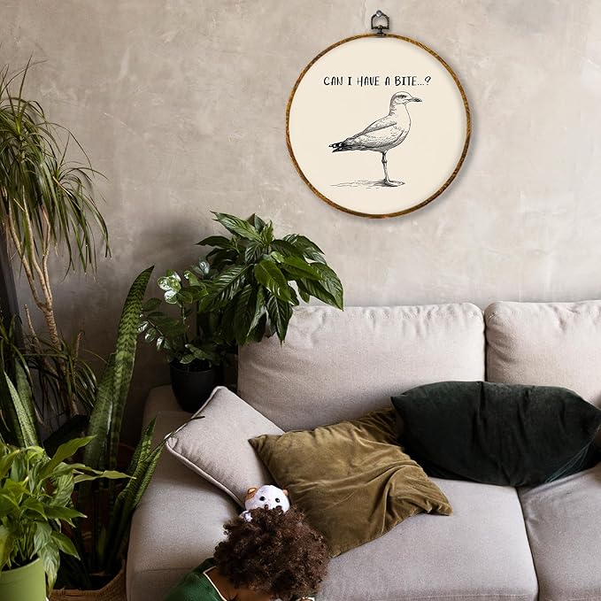 Hiuwevt Vintage Seagull Bird Round Wall Art Decor, Minimalist Black and White Beachy Hanging Canvas Prints Artwork Framed, Coastal Beach Gull Circular Wall Decor for Home Kitchen, 10x10 Inch