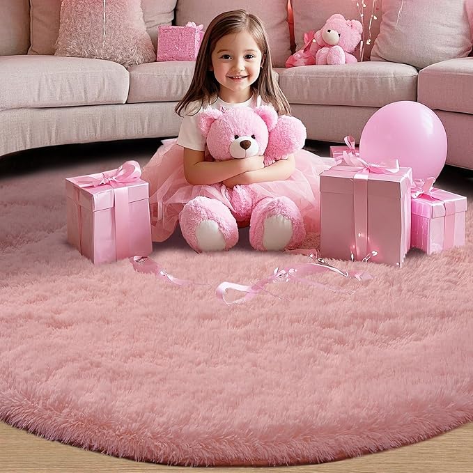 Blush Round 4x4ft Fluffy Rug: Ultra Soft Furry Girls Bedroom Carpet- Circle Plush Shag Nursery Rug for Girls Room & Kids Room- Blush Plush Area Rugs for Bedroom, Living Room, Home Decor