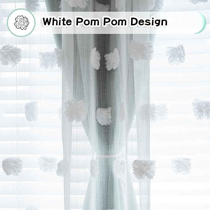 MYSKY HOME 90 Inches Long Aqua Curtains for Living Room Nursery Curtains for Bedroom Double Layer Curtains White Pom Pom Sheer Curtains for Dining Room Grommet Room Darkening Window Panels W52 X L90