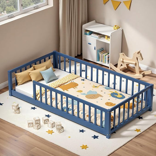 LLS Twin Floor Bed for Kids Toddlers, Solid Wood Multifunctional Montessori Bed Frame with Safety Guardrails, Without Door, Easy Assemble, Mist Blue