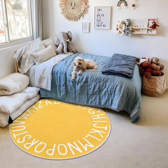 Topotdor Round Kids Play Rug Alphabet Nursery Area Rug Extra Large Soft Crawling Play Mat for Children Toddlers Bedroom (63 inch, Yellow)