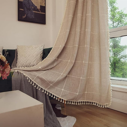 Deeprove Boho Curtains 96 Inches Length for Living Room, Bohemian Lattice Gingham Chic Textured Embroidery Plaids, Vintage Tassels Country Decor Drapery, Rod Pocket, 1 Panel W52 x L96, Natural Linen